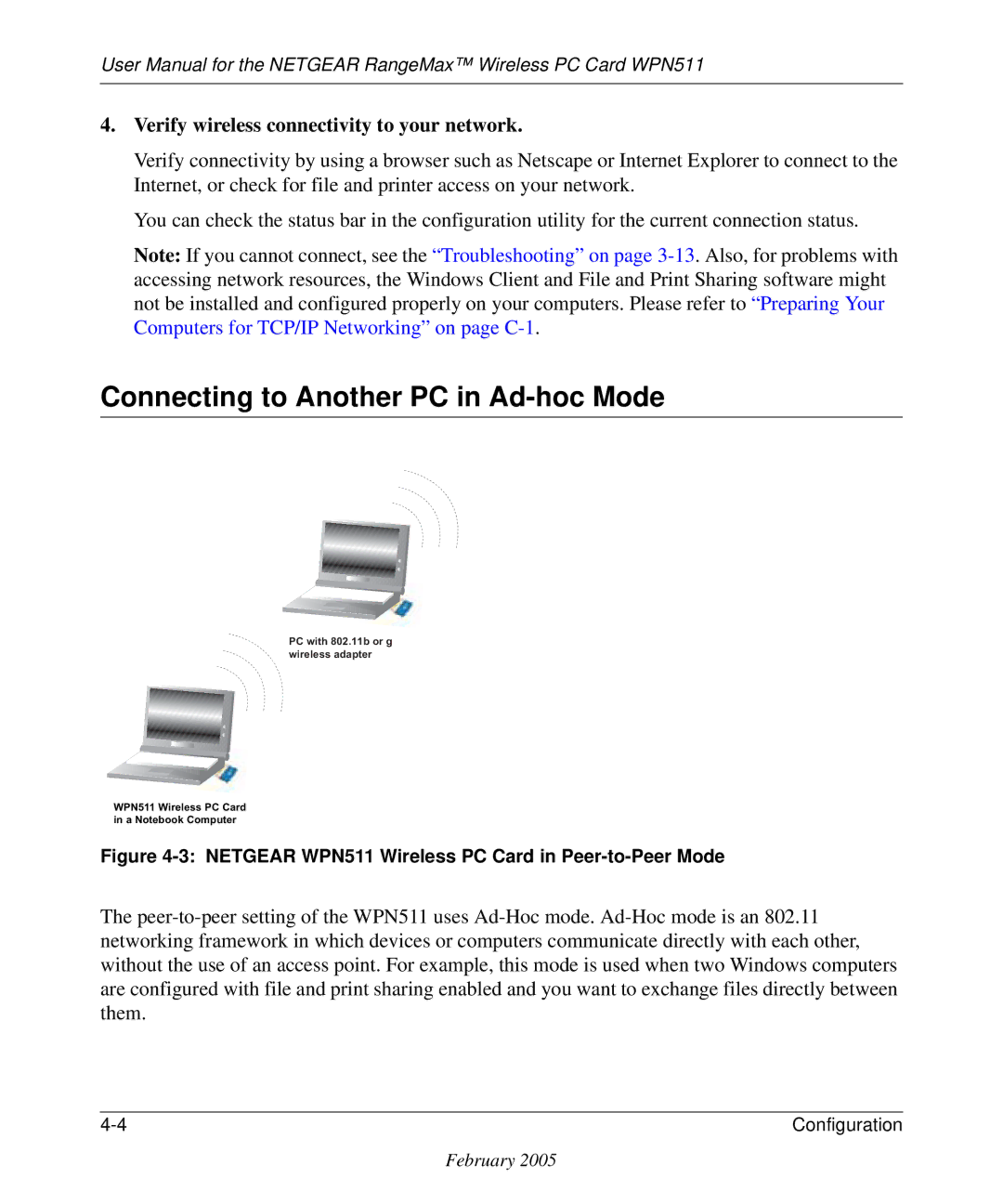 NETGEAR WPN511 user manual Connecting to Another PC in Ad-hoc Mode, Verify wireless connectivity to your network 