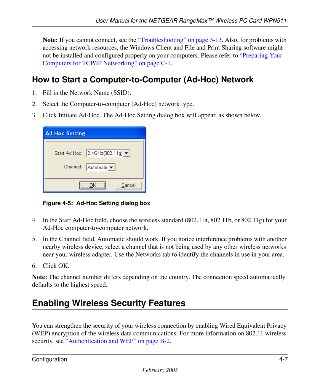 NETGEAR WPN511 user manual Enabling Wireless Security Features, How to Start a Computer-to-Computer Ad-Hoc Network 