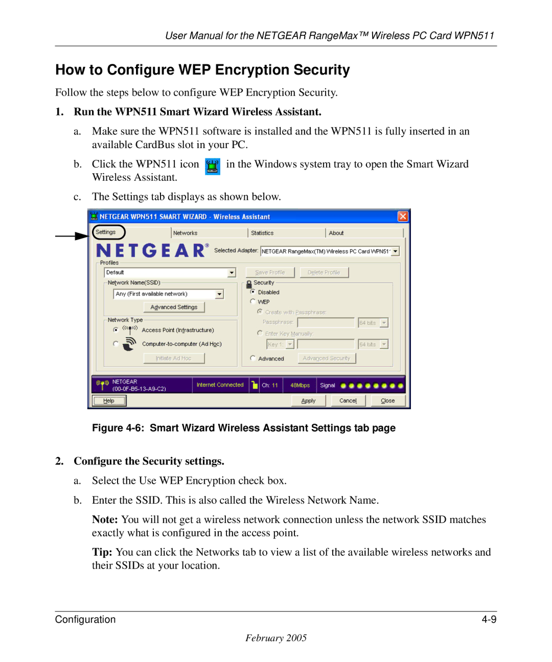 NETGEAR WPN511 user manual How to Configure WEP Encryption Security, Configure the Security settings 