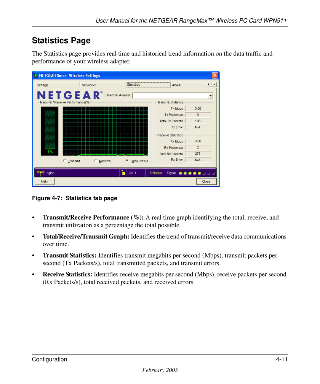 NETGEAR WPN511 user manual Statistics tab 