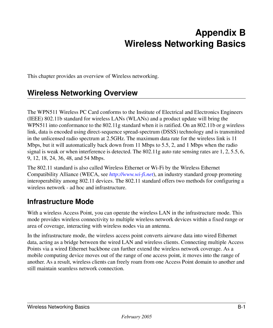 NETGEAR WPN511 user manual Appendix B Wireless Networking Basics, Wireless Networking Overview, Infrastructure Mode 