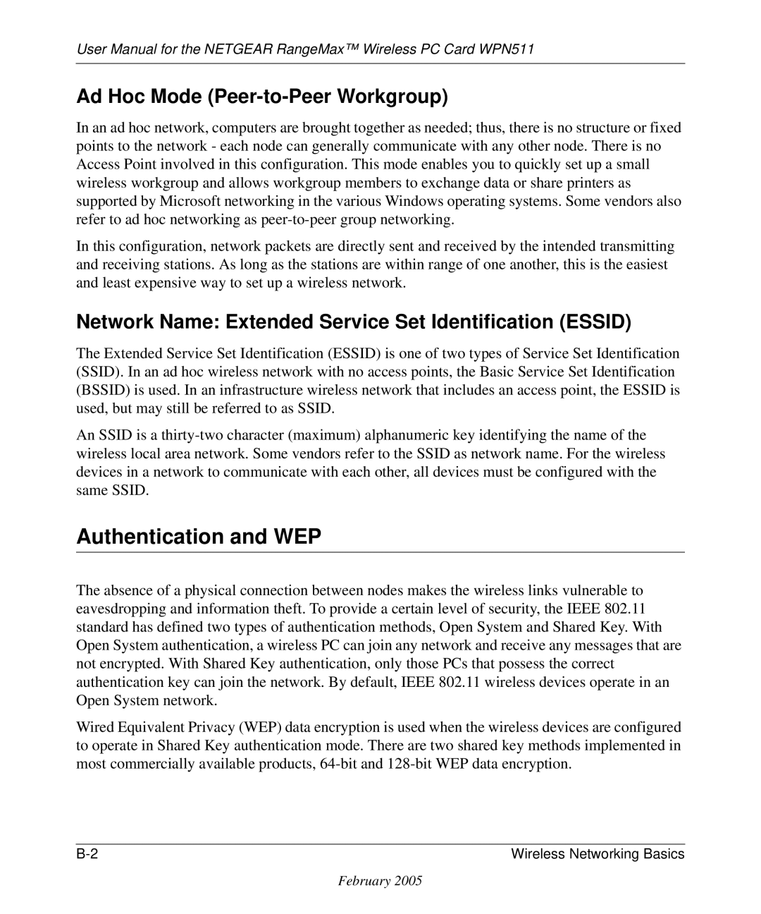 NETGEAR WPN511 user manual Authentication and WEP, Ad Hoc Mode Peer-to-Peer Workgroup 