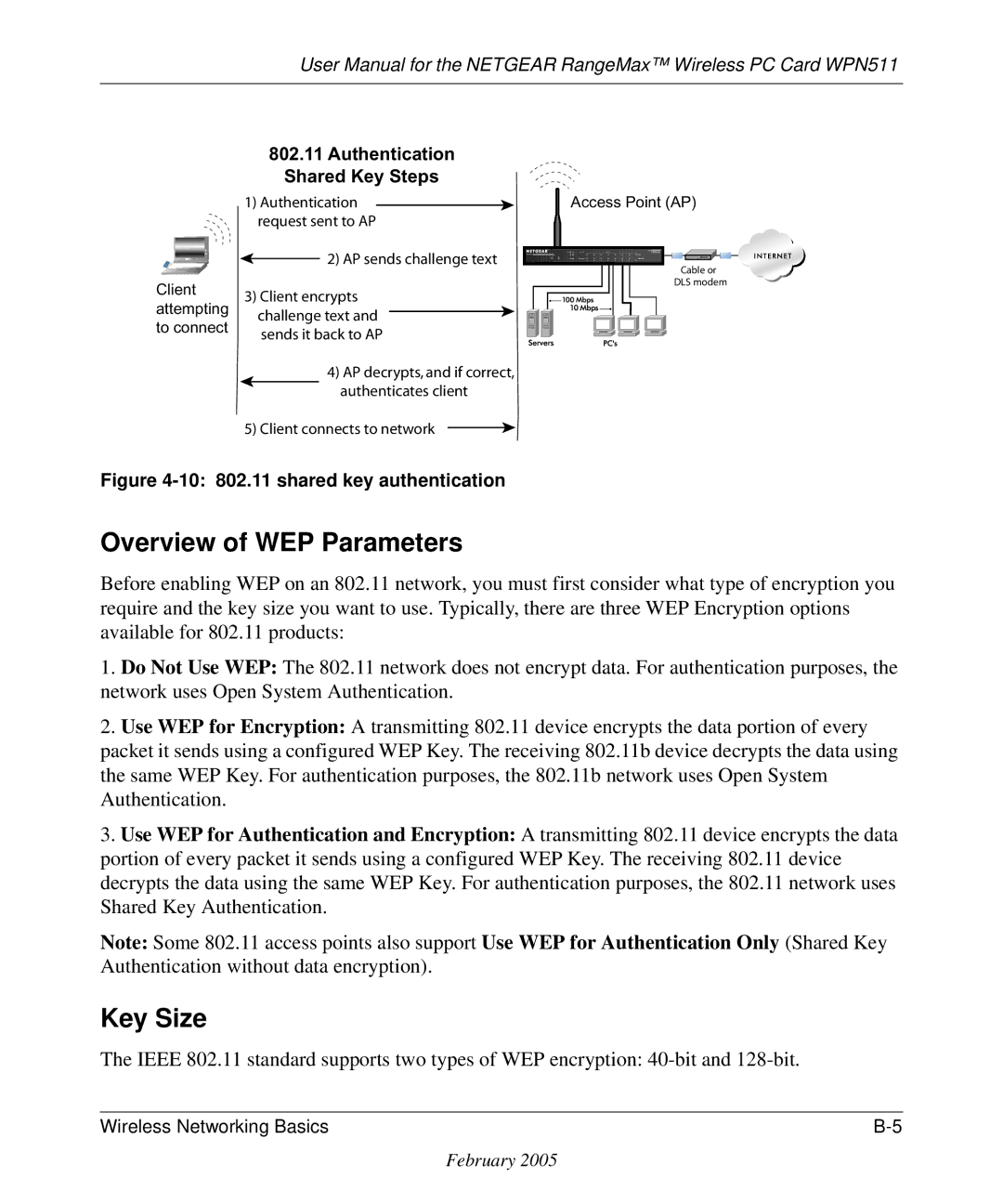 NETGEAR WPN511 user manual Key Size, Do Not Use WEP, Use WEP for Encryption a transmitting 