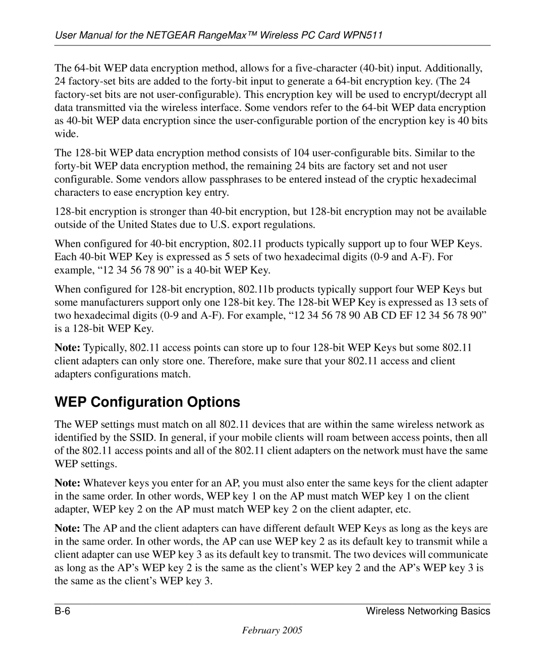 NETGEAR WPN511 user manual WEP Configuration Options 