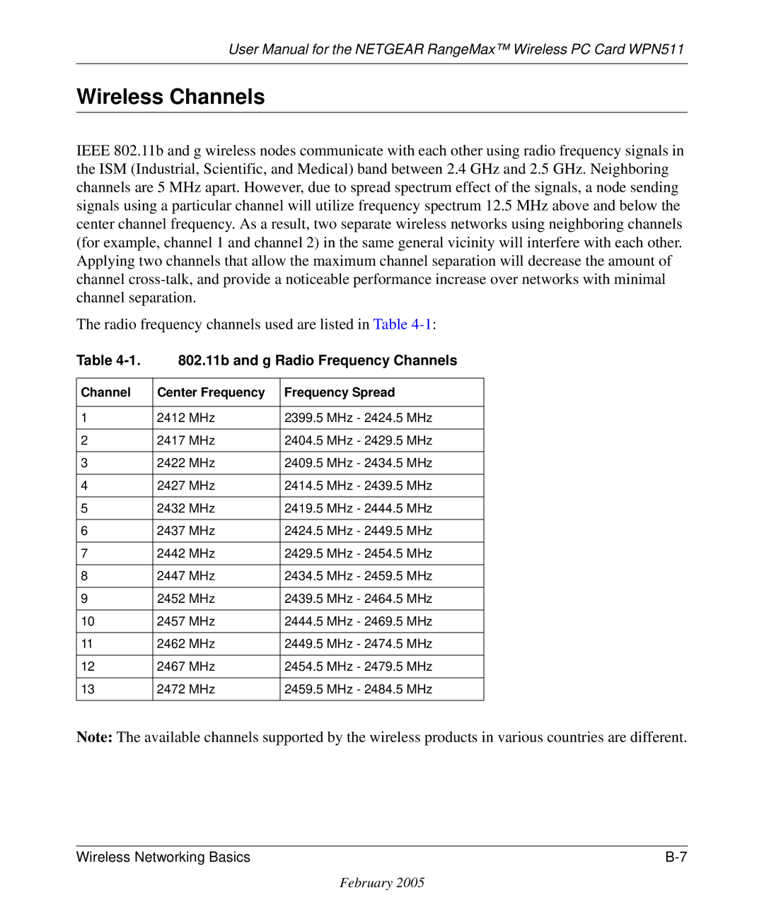 NETGEAR WPN511 user manual Wireless Channels, 802.11b and g Radio Frequency Channels 