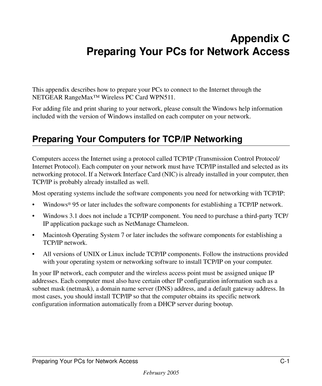 NETGEAR WPN511 user manual Appendix C Preparing Your PCs for Network Access, Preparing Your Computers for TCP/IP Networking 