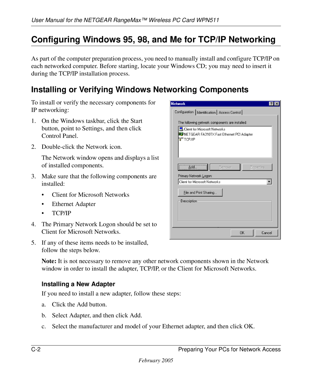 NETGEAR WPN511 user manual Configuring Windows 95, 98, and Me for TCP/IP Networking 