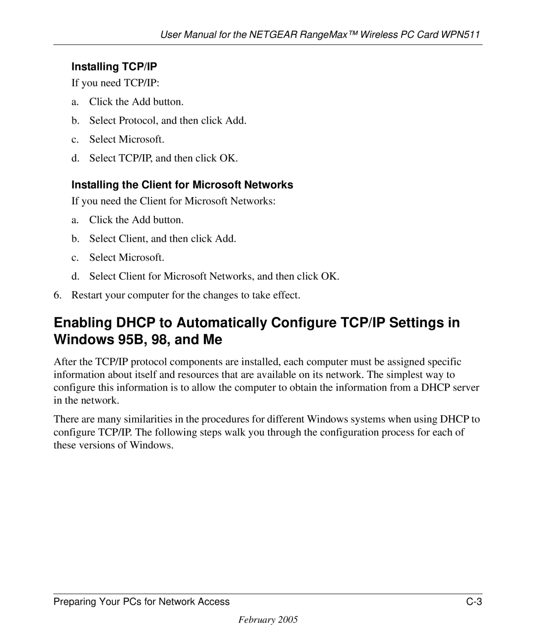 NETGEAR WPN511 user manual Installing TCP/IP 