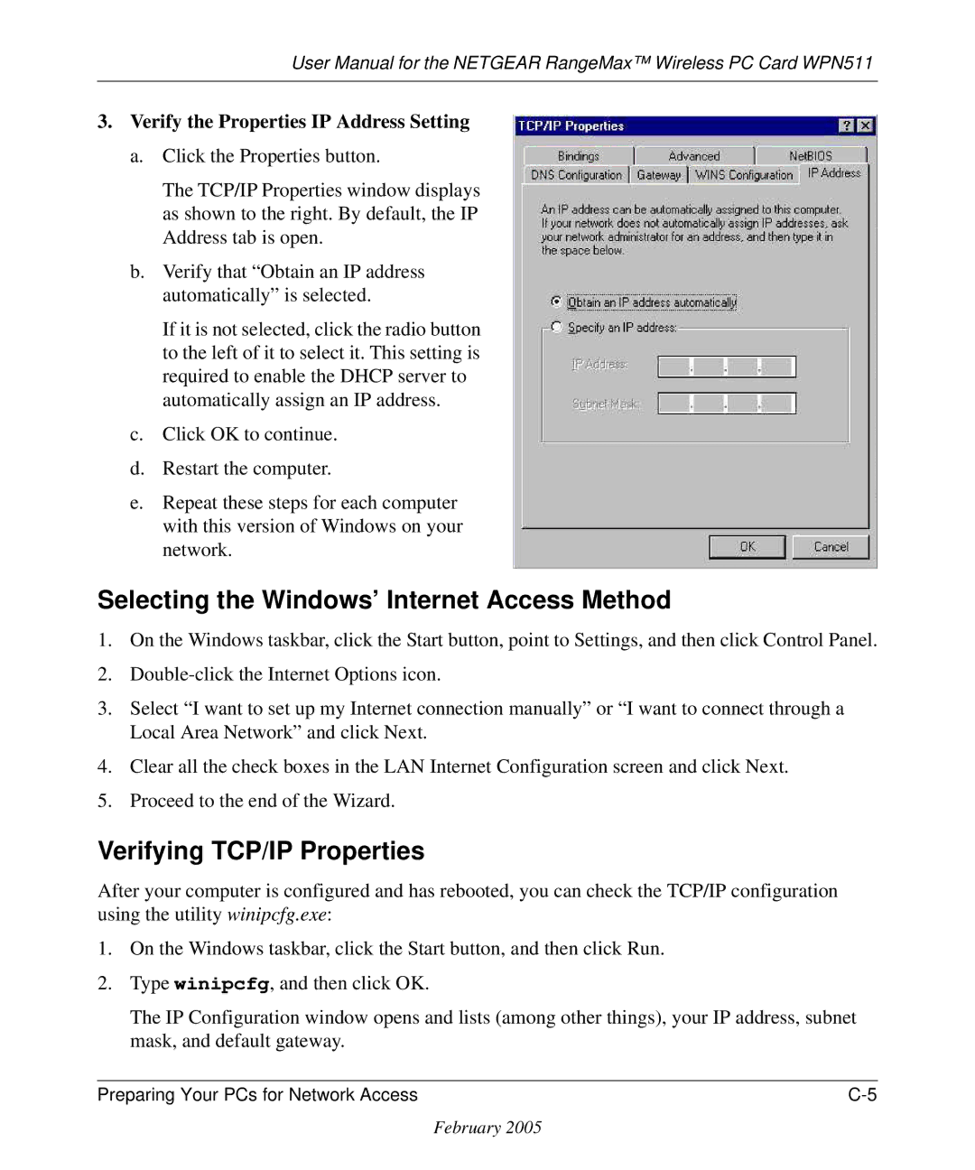 NETGEAR WPN511 user manual Selecting the Windows’ Internet Access Method, Verifying TCP/IP Properties 