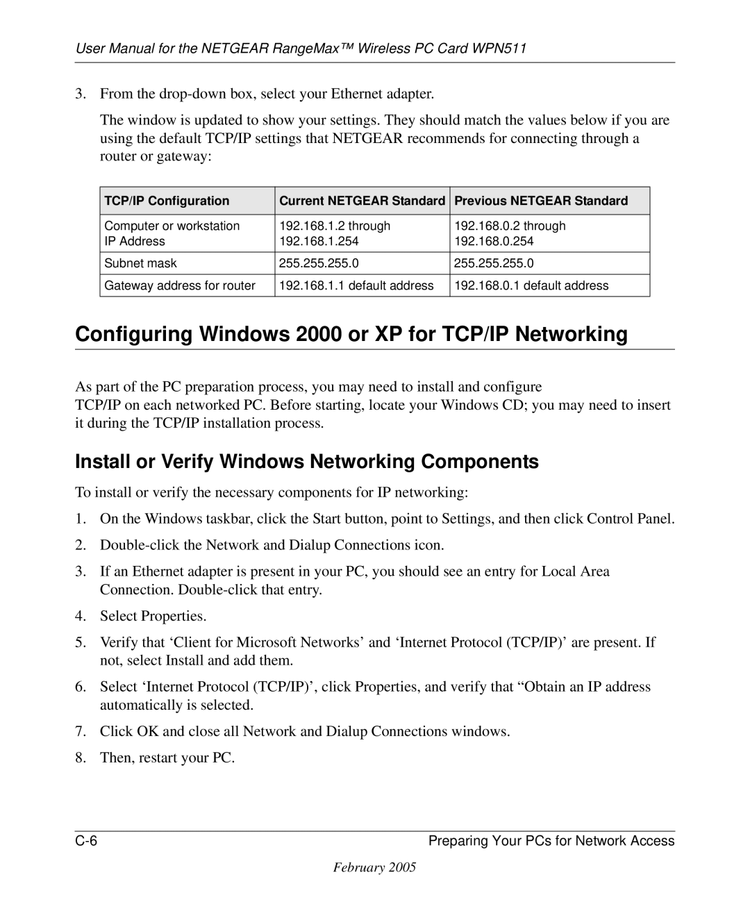 NETGEAR WPN511 Configuring Windows 2000 or XP for TCP/IP Networking, Install or Verify Windows Networking Components 