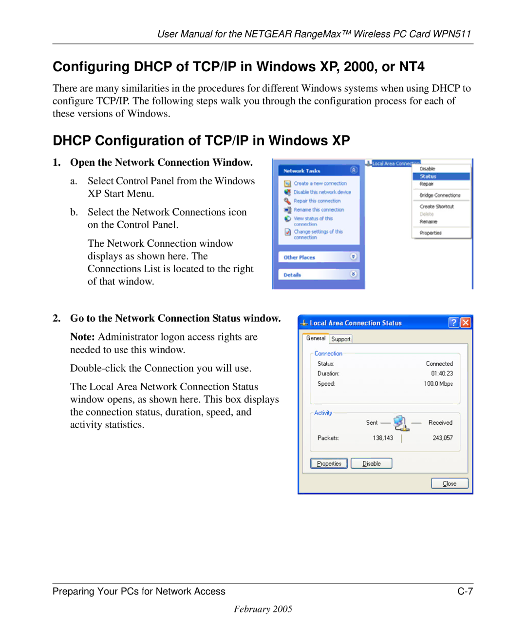 NETGEAR WPN511 Configuring Dhcp of TCP/IP in Windows XP, 2000, or NT4, Dhcp Configuration of TCP/IP in Windows XP 