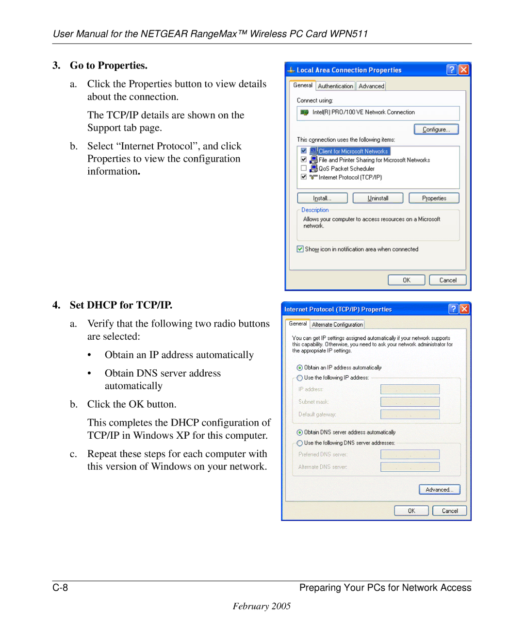 NETGEAR WPN511 user manual Go to Properties, Set Dhcp for TCP/IP 