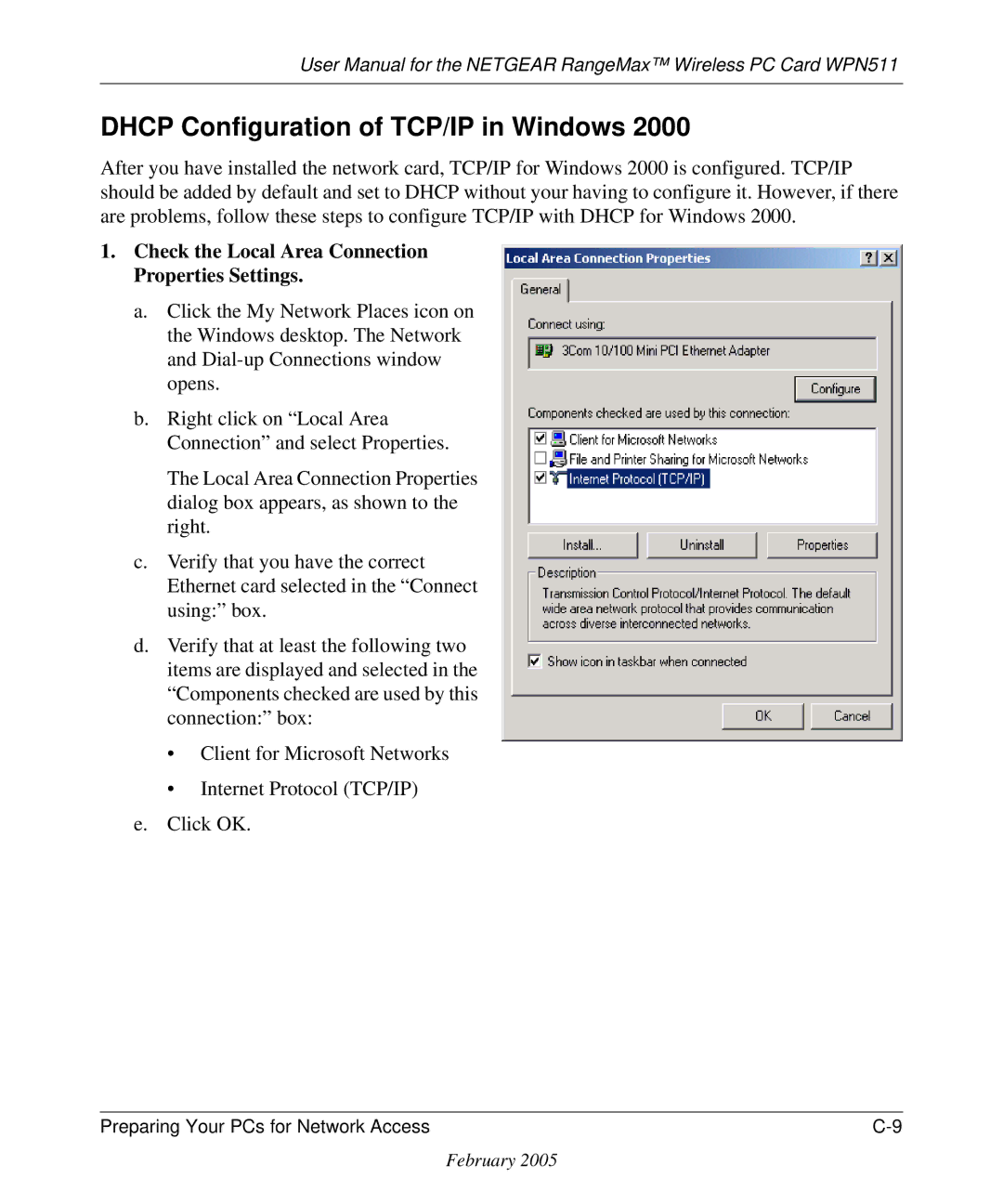 NETGEAR WPN511 user manual Dhcp Configuration of TCP/IP in Windows, Check the Local Area Connection Properties Settings 