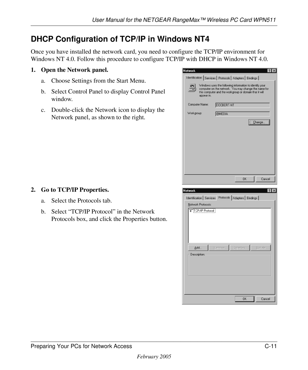 NETGEAR WPN511 user manual Dhcp Configuration of TCP/IP in Windows NT4, Go to TCP/IP Properties 