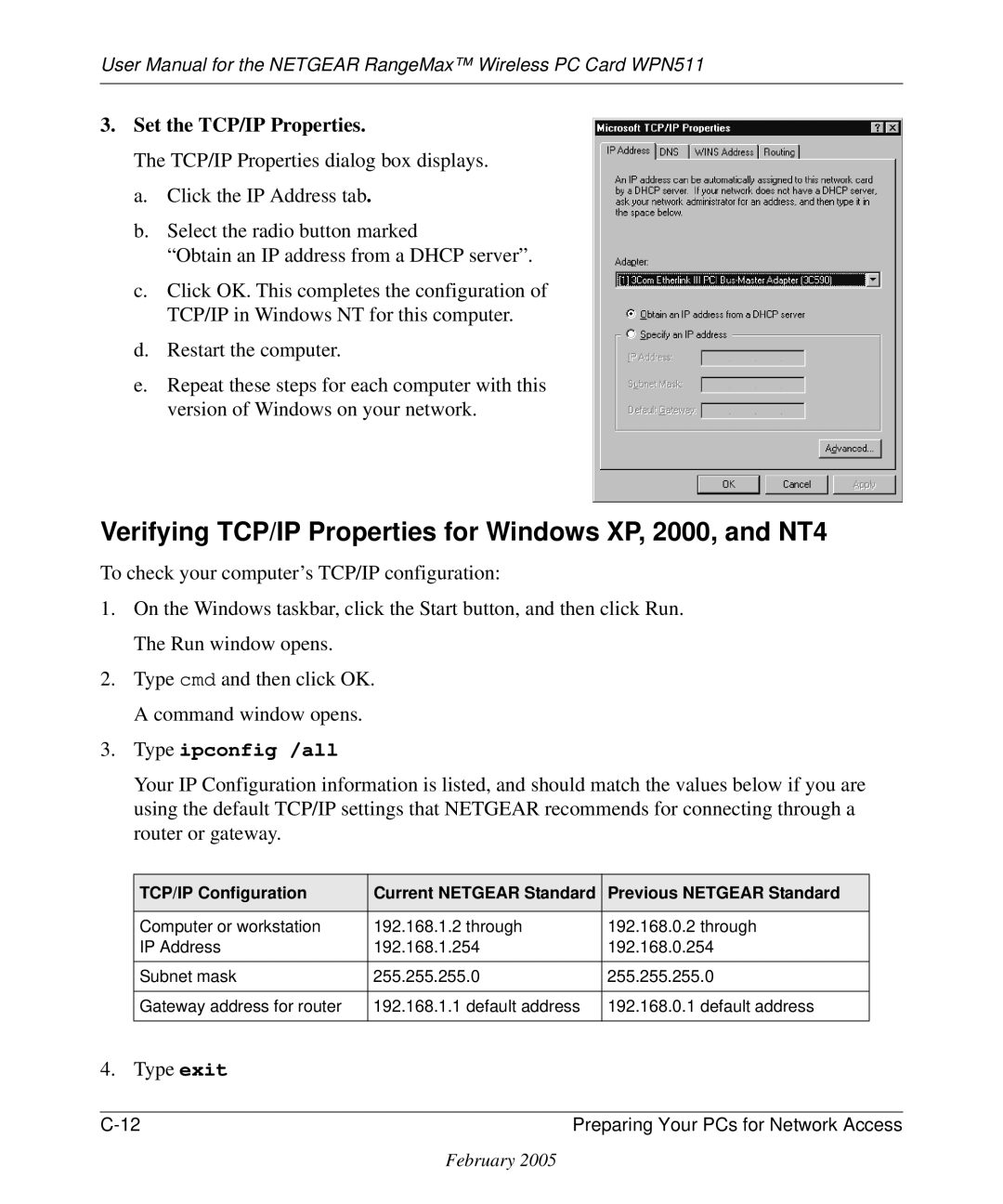 NETGEAR WPN511 user manual Verifying TCP/IP Properties for Windows XP, 2000, and NT4, Set the TCP/IP Properties 