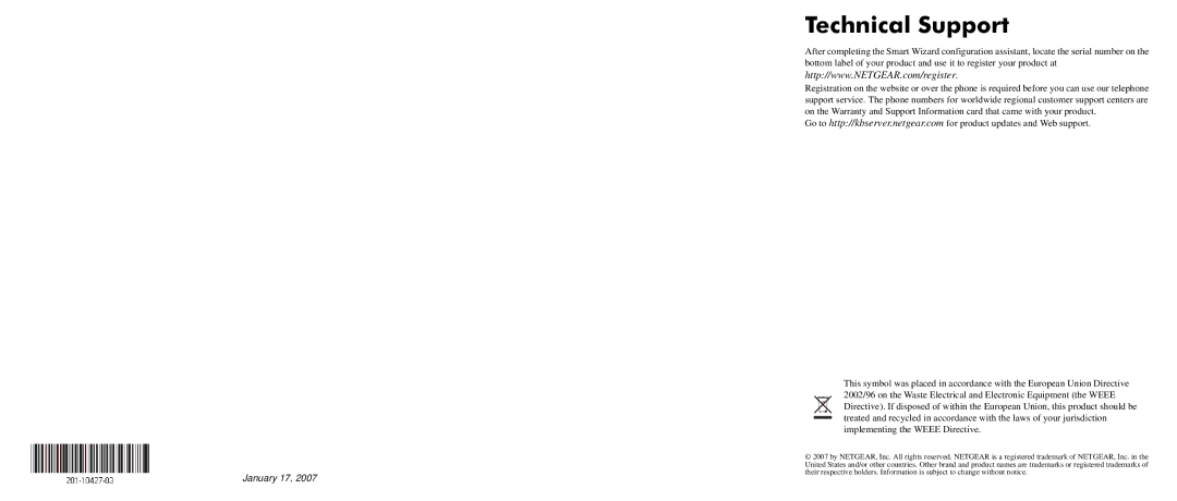 NETGEAR WPN511 user manual Technical Support, January 17 