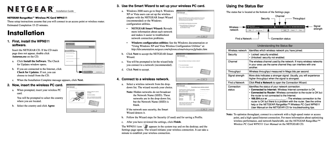 NETGEAR user manual Installation, Using the Status Bar, First, install the WPN511 software 