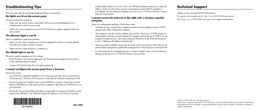 NETGEAR WPN802 manual Troubleshooting Tips, Technical Support 