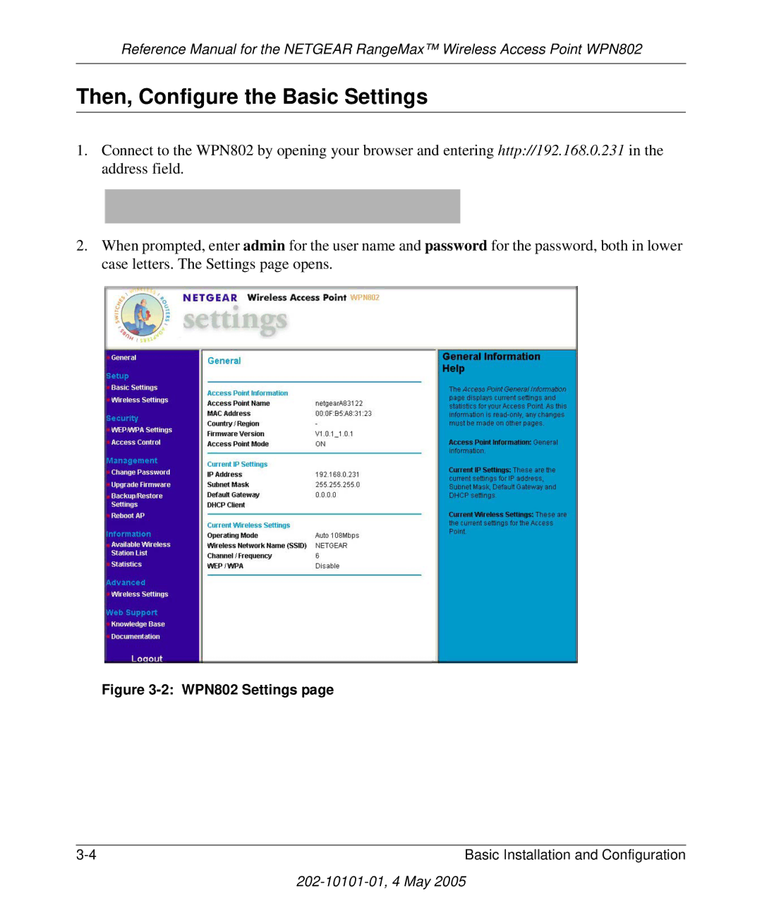 NETGEAR manual Then, Configure the Basic Settings, WPN802 Settings 