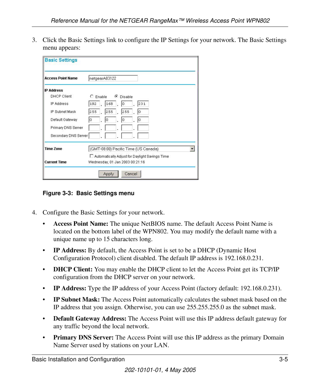 NETGEAR WPN802 manual Basic Settings menu 