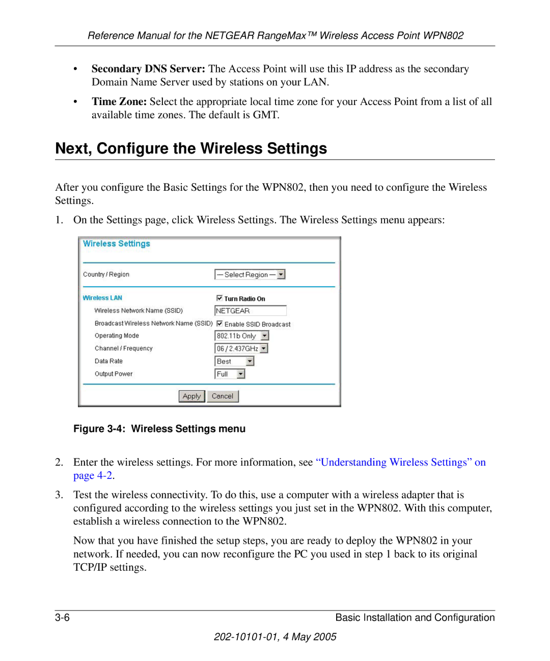 NETGEAR WPN802 manual Next, Configure the Wireless Settings, Wireless Settings menu 