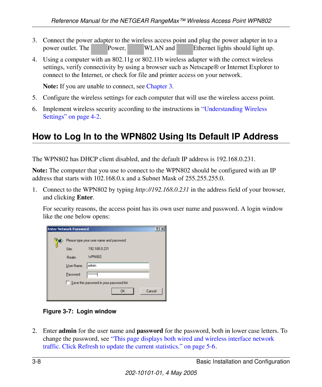 NETGEAR manual How to Log In to the WPN802 Using Its Default IP Address, Login window 