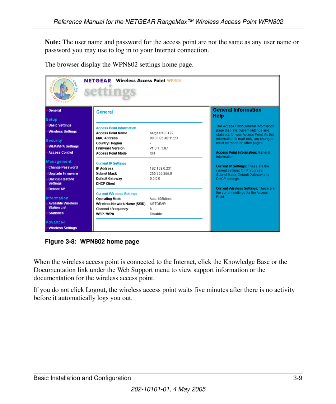 NETGEAR manual Browser display the WPN802 settings home 