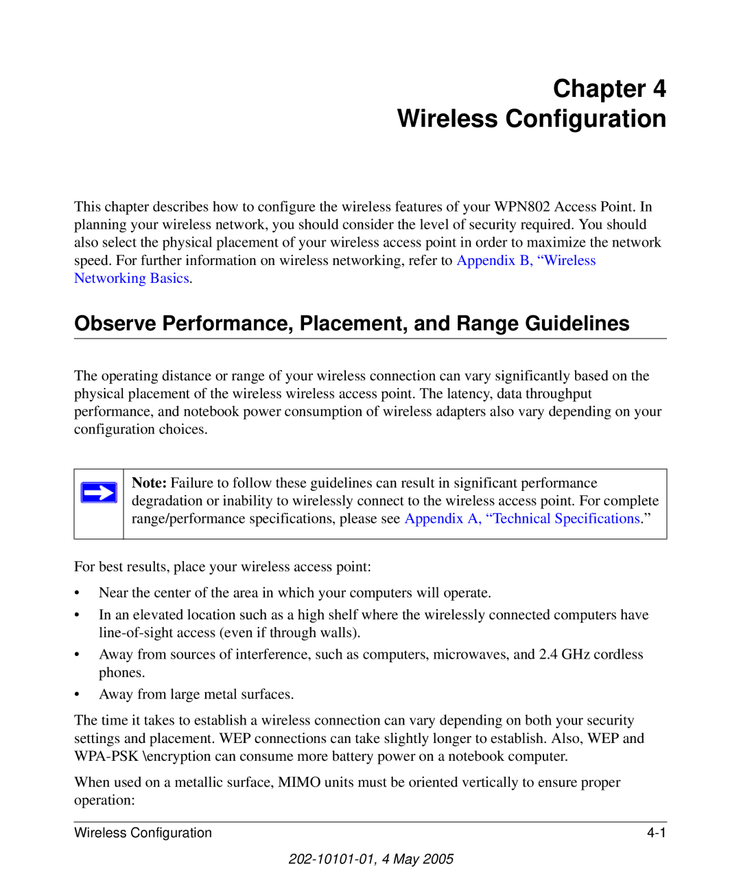 NETGEAR WPN802 manual Chapter Wireless Configuration, Observe Performance, Placement, and Range Guidelines 