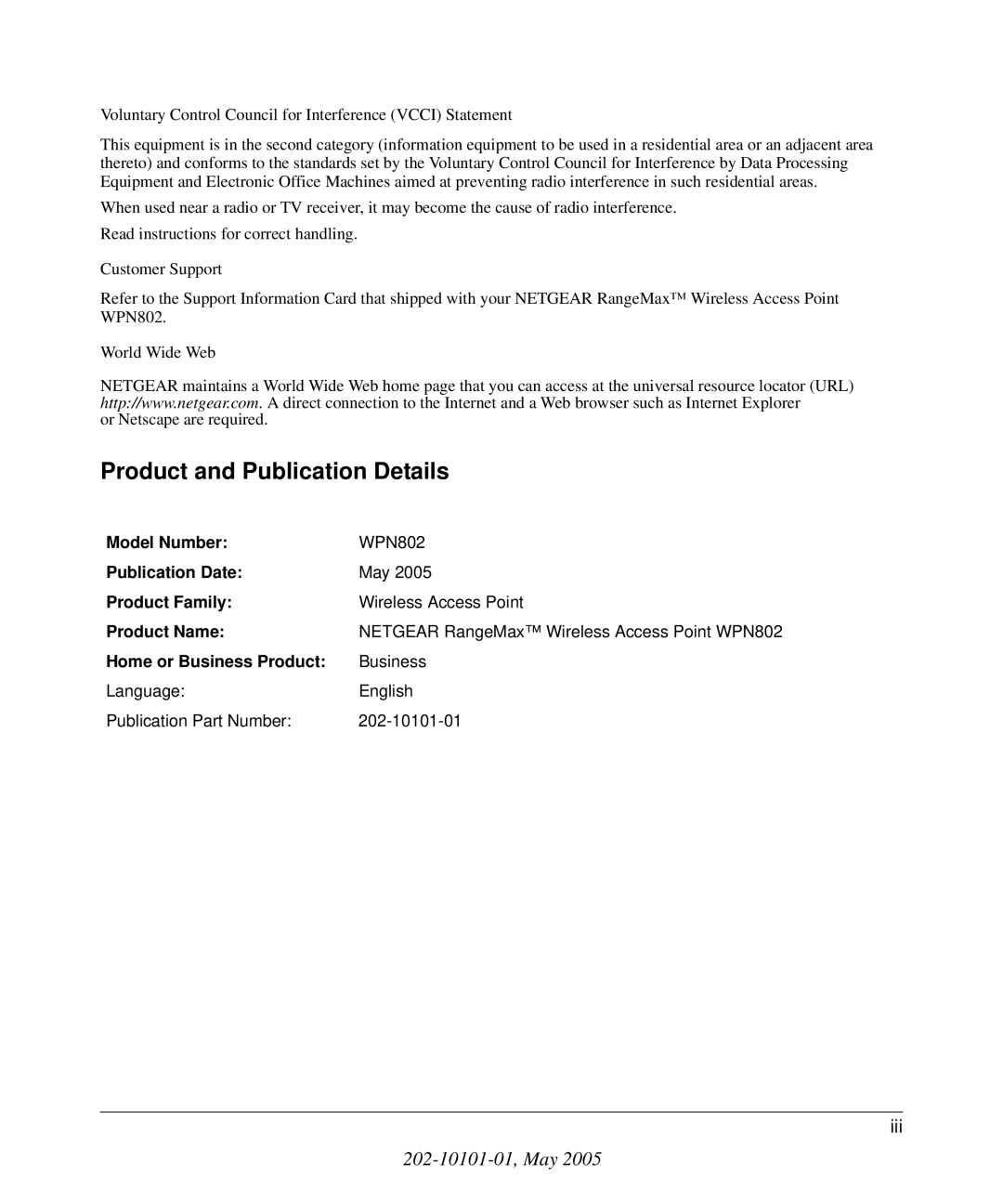 NETGEAR WPN802 manual Product and Publication Details 