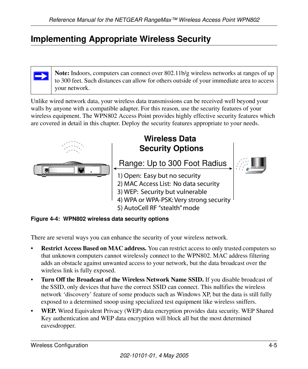 NETGEAR WPN802 manual Implementing Appropriate Wireless Security, Wireless Data Security Options 