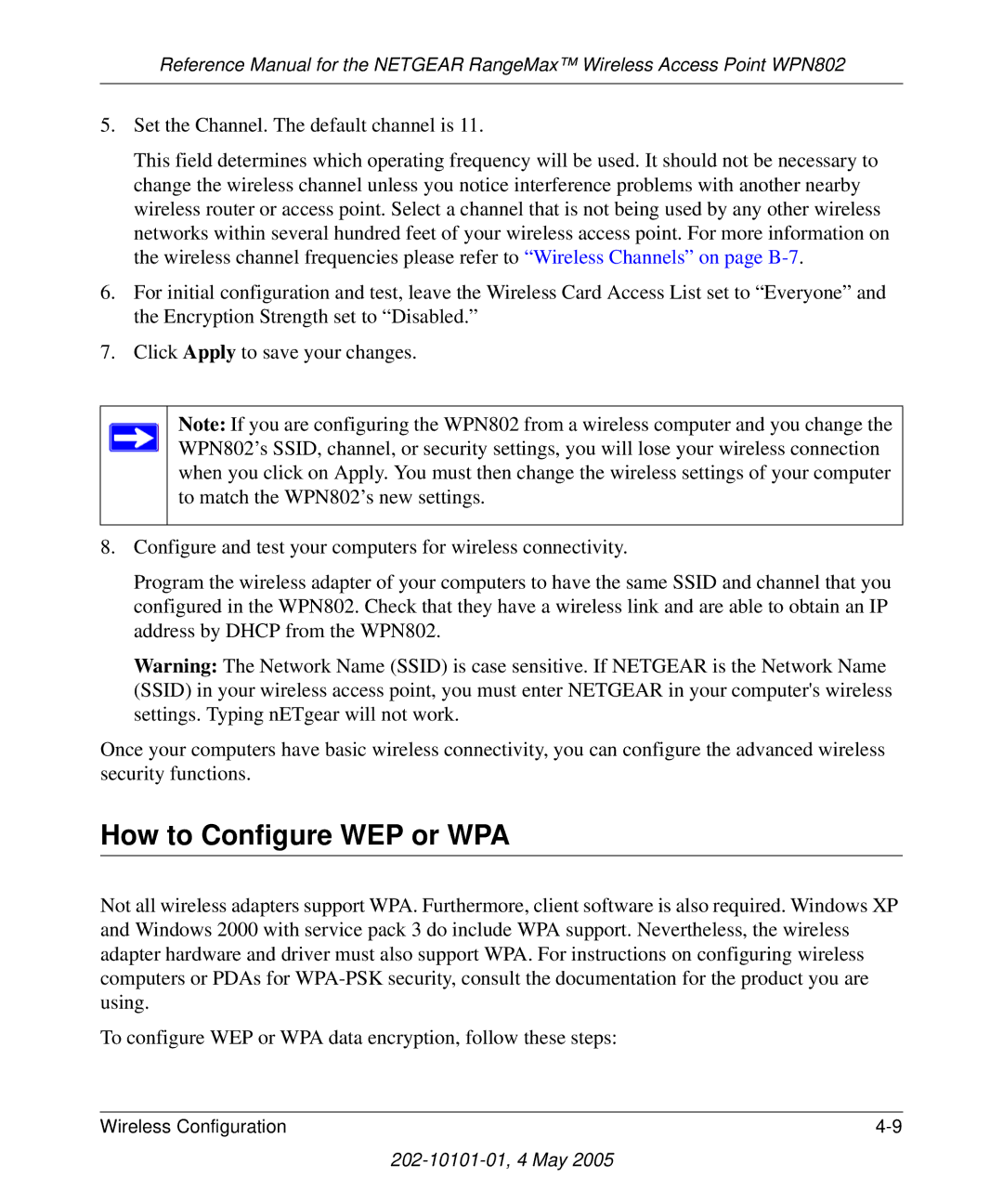 NETGEAR WPN802 manual How to Configure WEP or WPA 