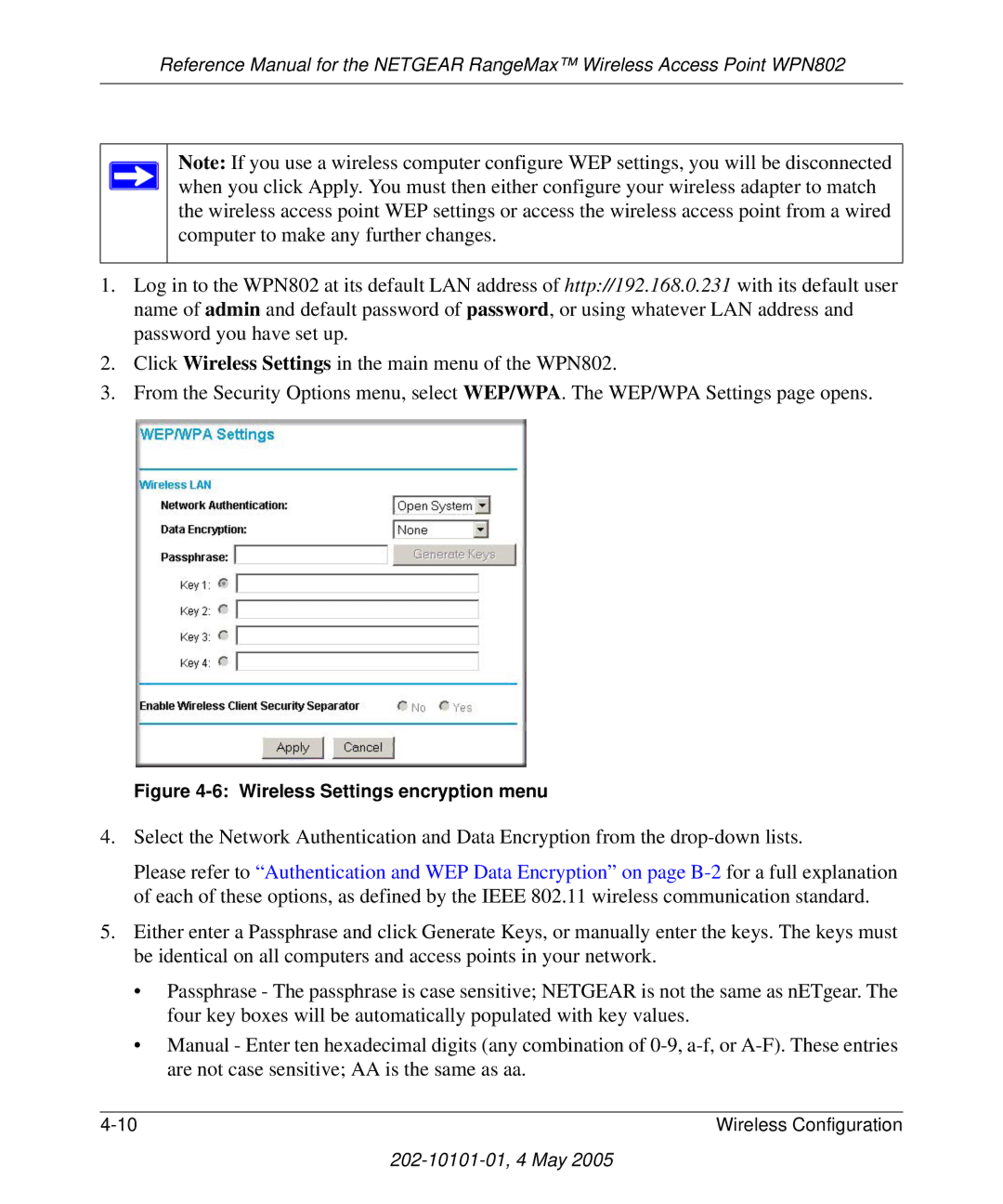 NETGEAR WPN802 manual Wireless Settings encryption menu 