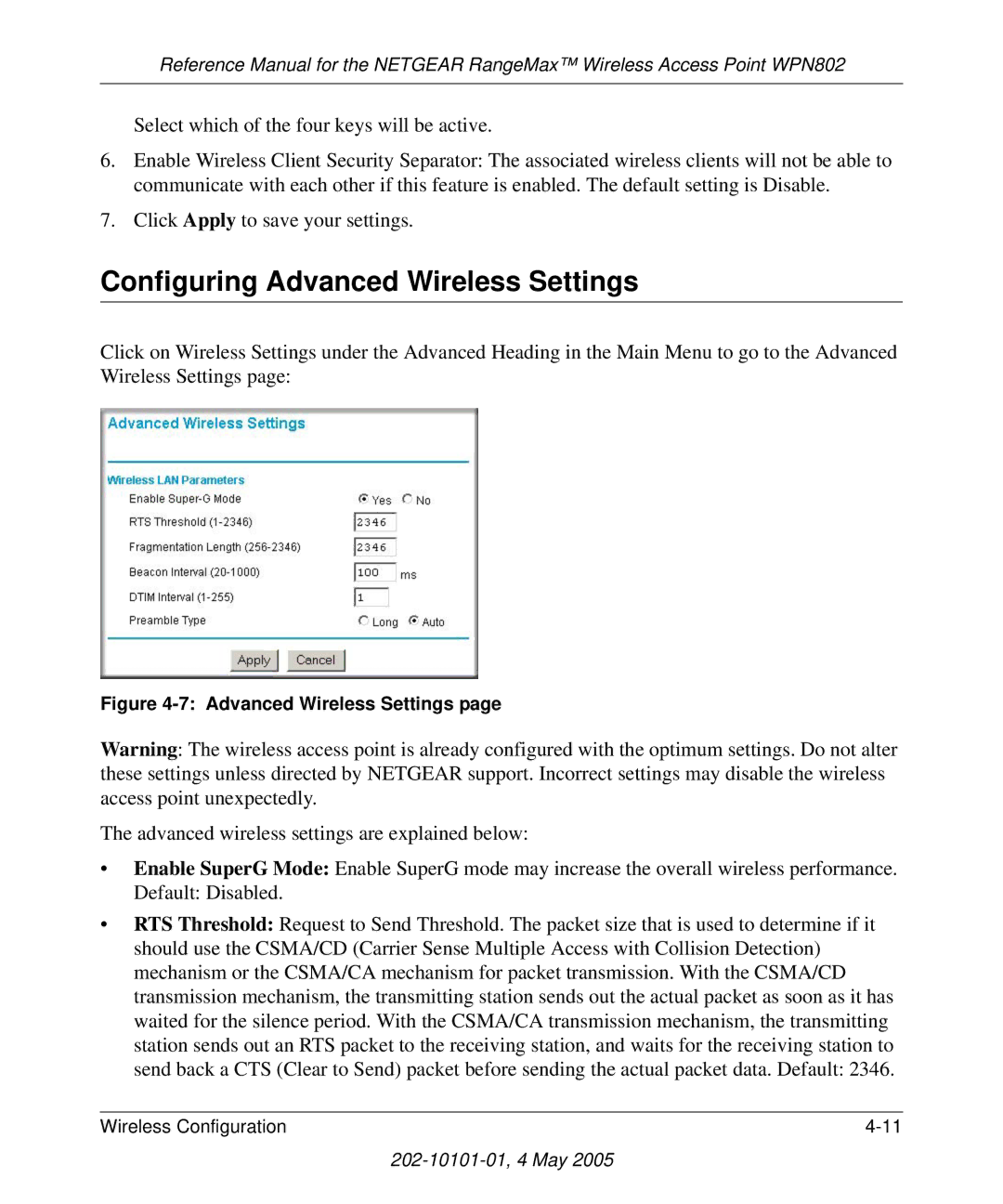 NETGEAR WPN802 manual Configuring Advanced Wireless Settings 