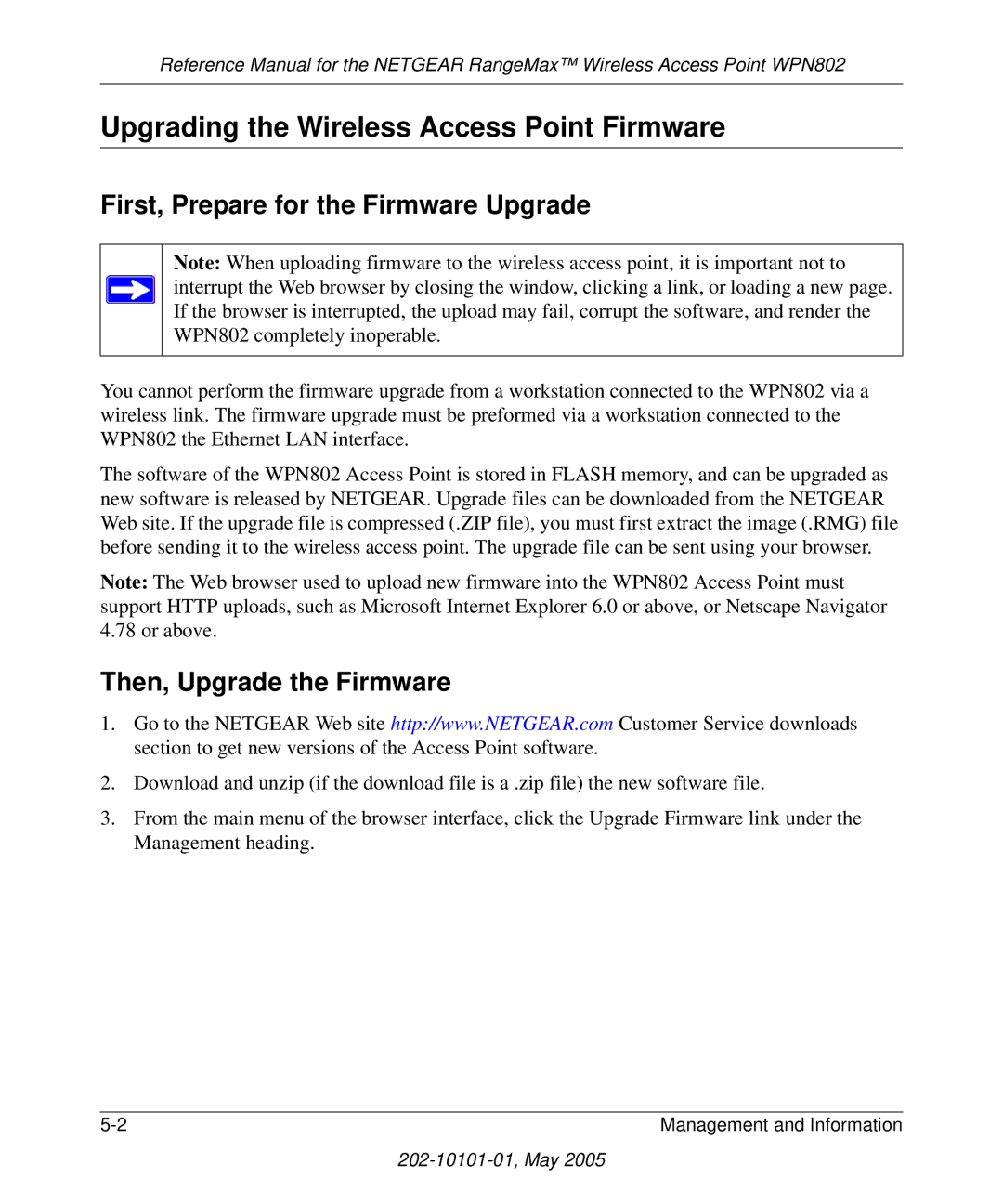 NETGEAR WPN802 manual Upgrading the Wireless Access Point Firmware, First, Prepare for the Firmware Upgrade 