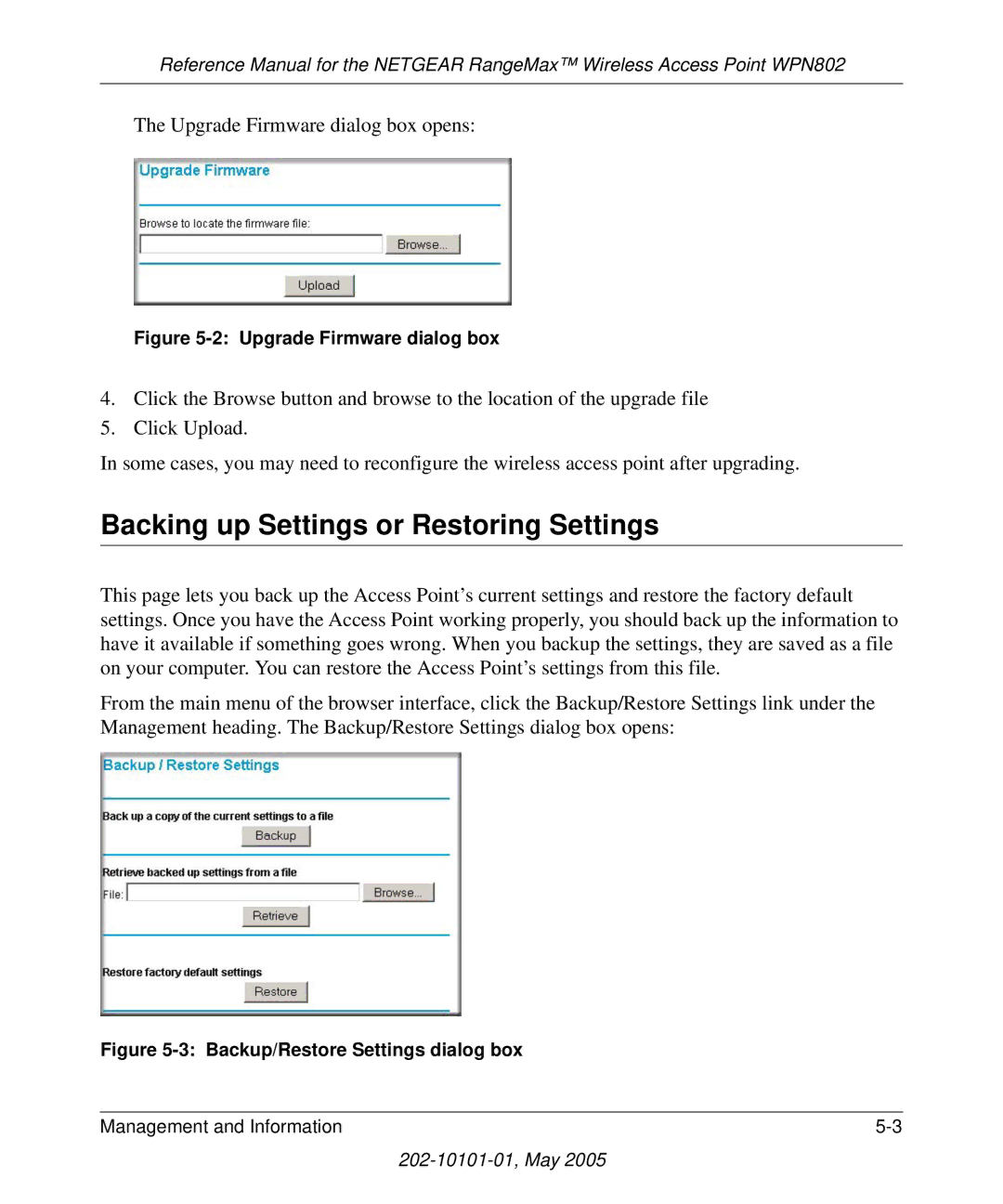 NETGEAR WPN802 manual Backing up Settings or Restoring Settings, Upgrade Firmware dialog box 