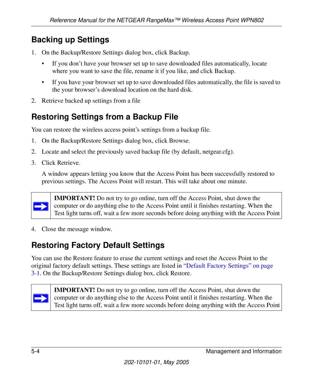 NETGEAR WPN802 manual Backing up Settings, Restoring Settings from a Backup File, Restoring Factory Default Settings 