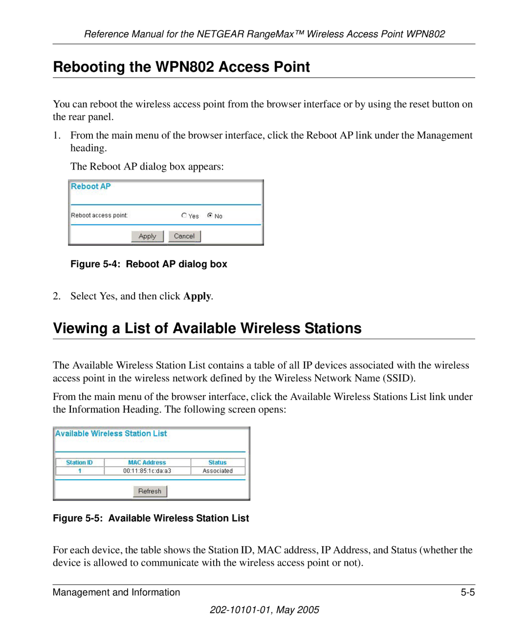 NETGEAR manual Rebooting the WPN802 Access Point, Viewing a List of Available Wireless Stations 