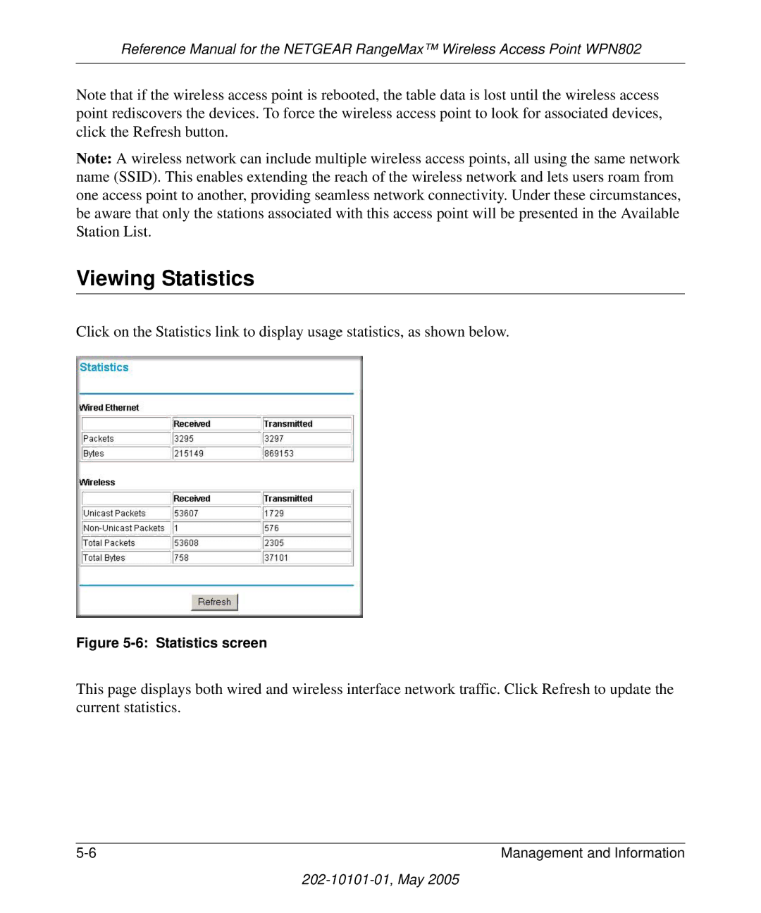 NETGEAR WPN802 manual Viewing Statistics, Statistics screen 