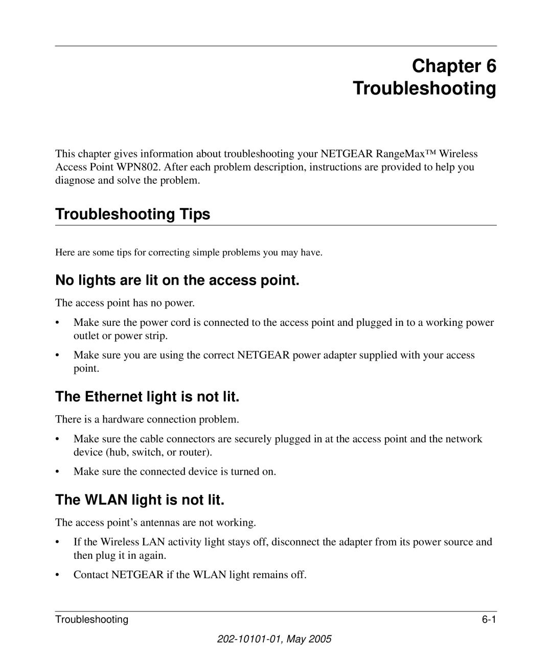 NETGEAR WPN802 Chapter Troubleshooting, Troubleshooting Tips, No lights are lit on the access point, Wlan light is not lit 