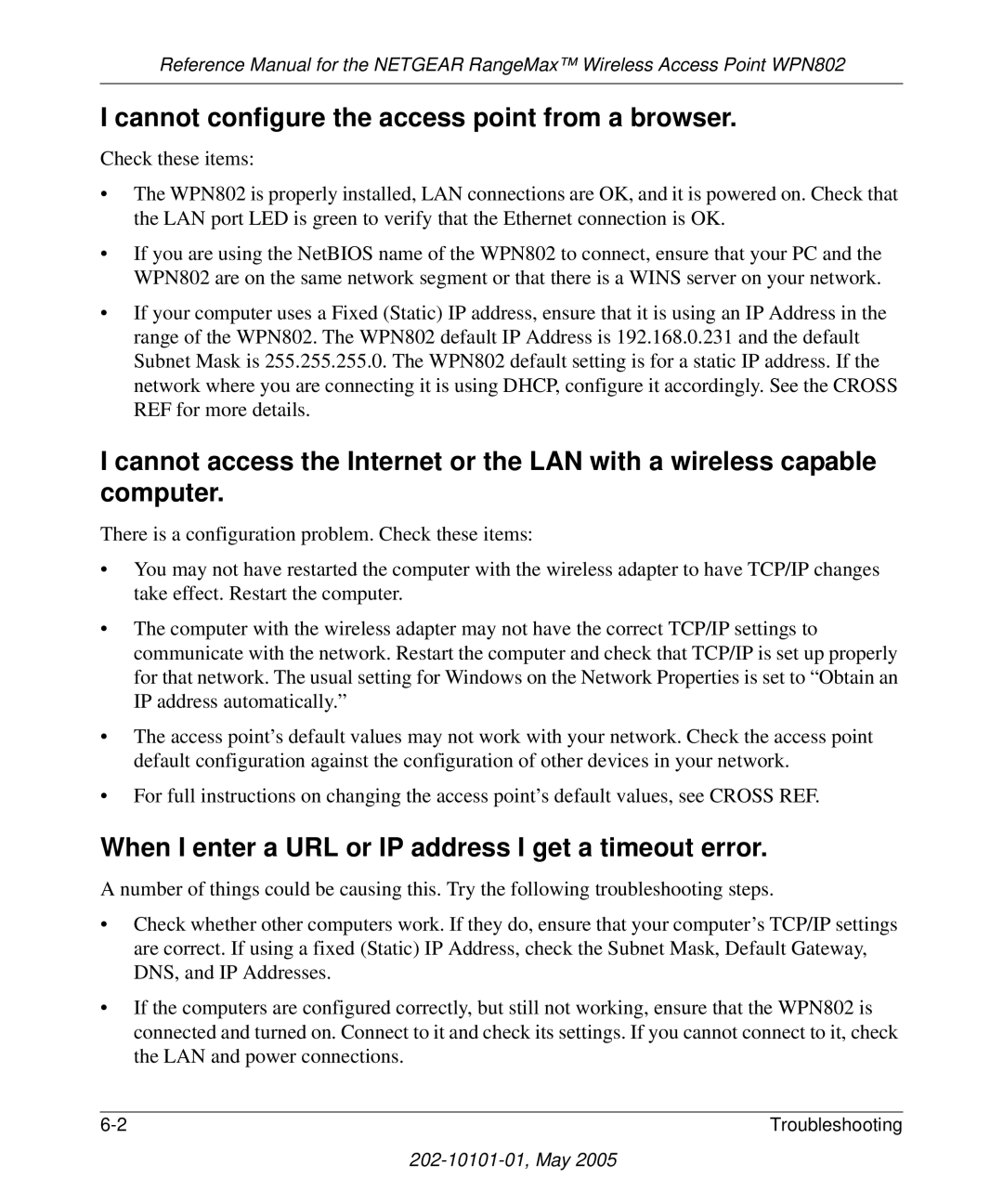 NETGEAR WPN802 Cannot configure the access point from a browser, When I enter a URL or IP address I get a timeout error 