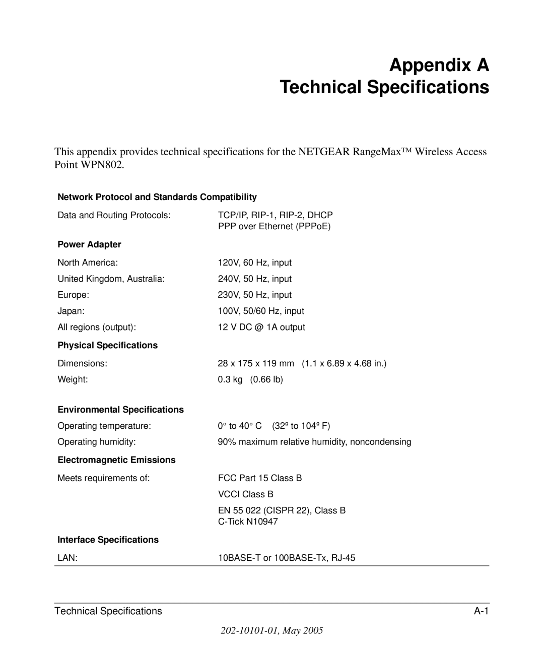 NETGEAR WPN802 manual Appendix a Technical Specifications, Power Adapter 