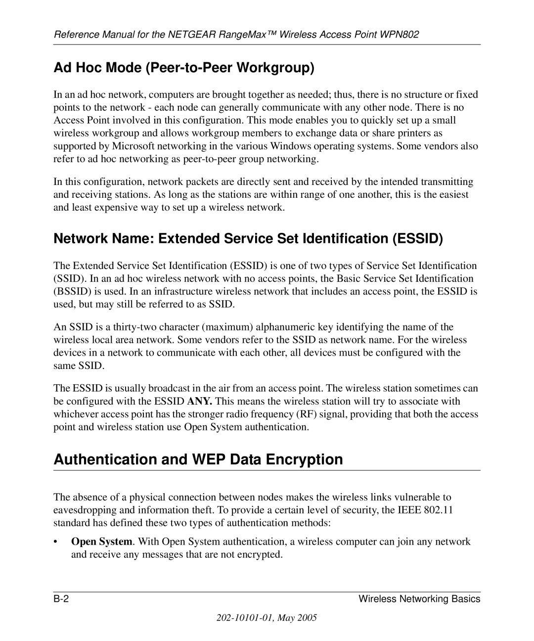 NETGEAR WPN802 manual Authentication and WEP Data Encryption, Ad Hoc Mode Peer-to-Peer Workgroup 