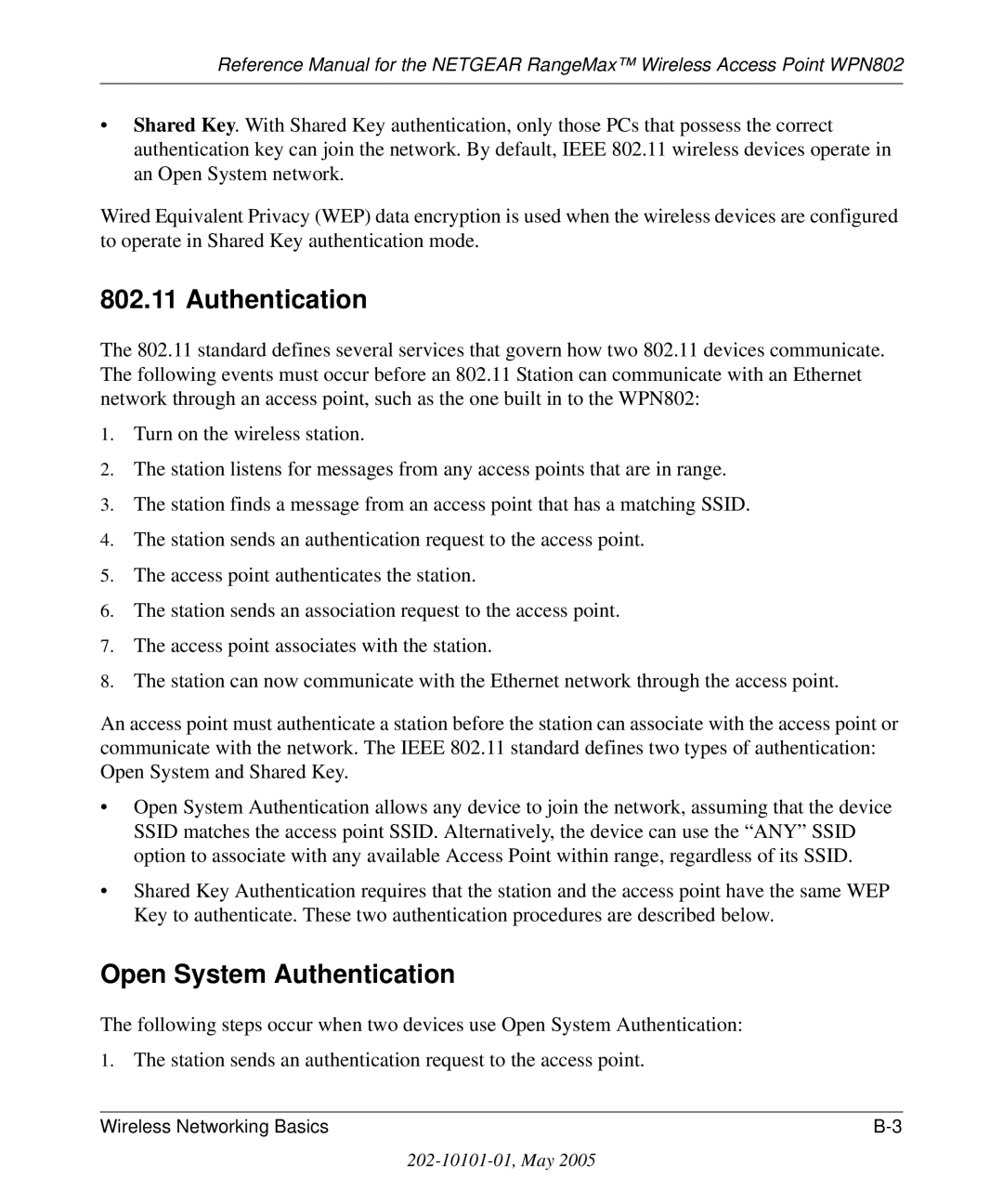 NETGEAR WPN802 manual Open System Authentication 