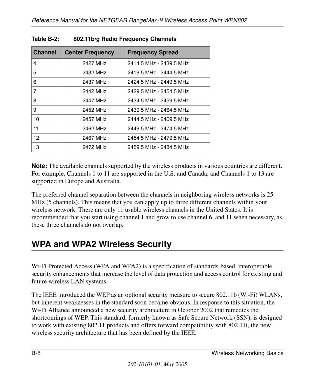 NETGEAR WPN802 manual WPA and WPA2 Wireless Security 