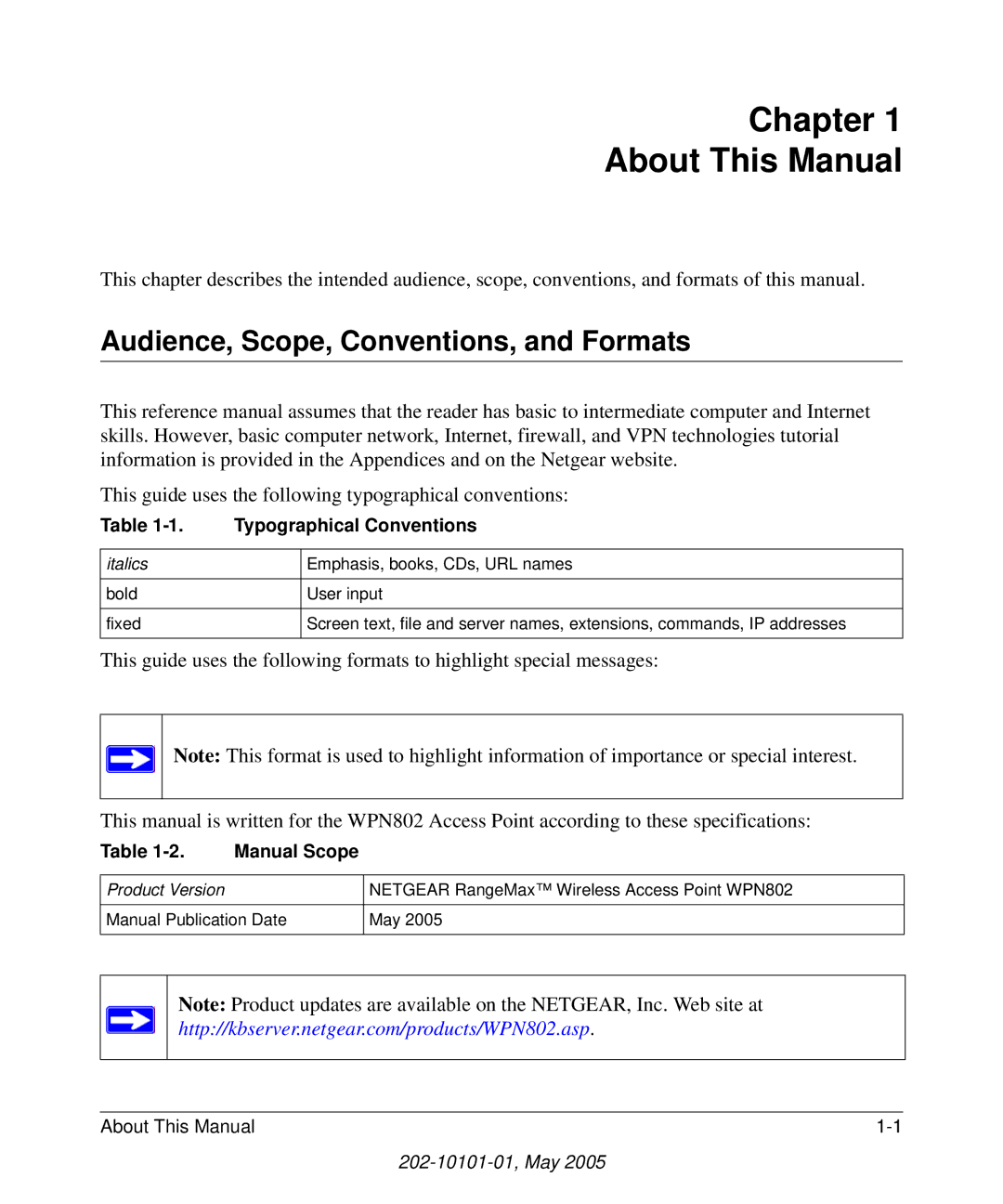 NETGEAR WPN802 manual Chapter About This Manual, Audience, Scope, Conventions, and Formats 