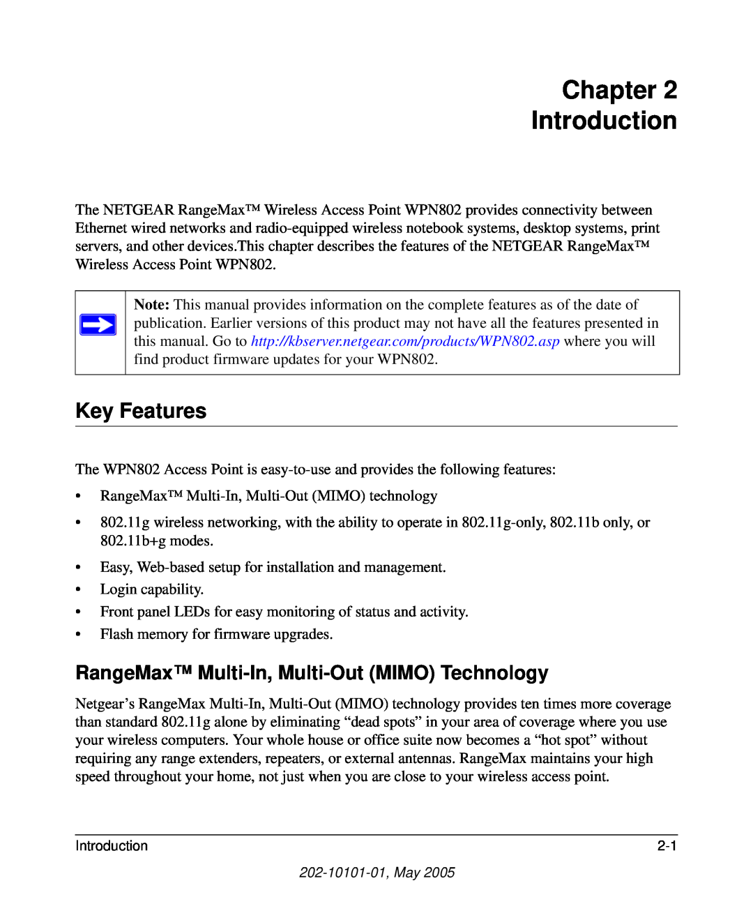 NETGEAR WPN802 manual Chapter Introduction, Key Features, RangeMax Multi-In, Multi-Out MIMO Technology 