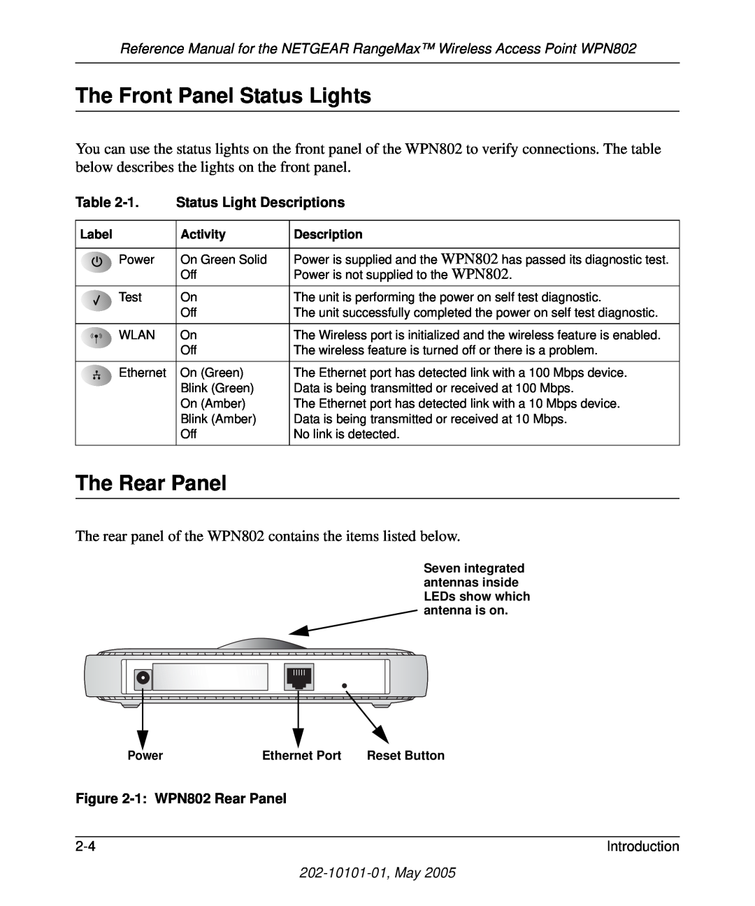 NETGEAR The Front Panel Status Lights, The Rear Panel, Status Light Descriptions, 1 WPN802 Rear Panel, Introduction 