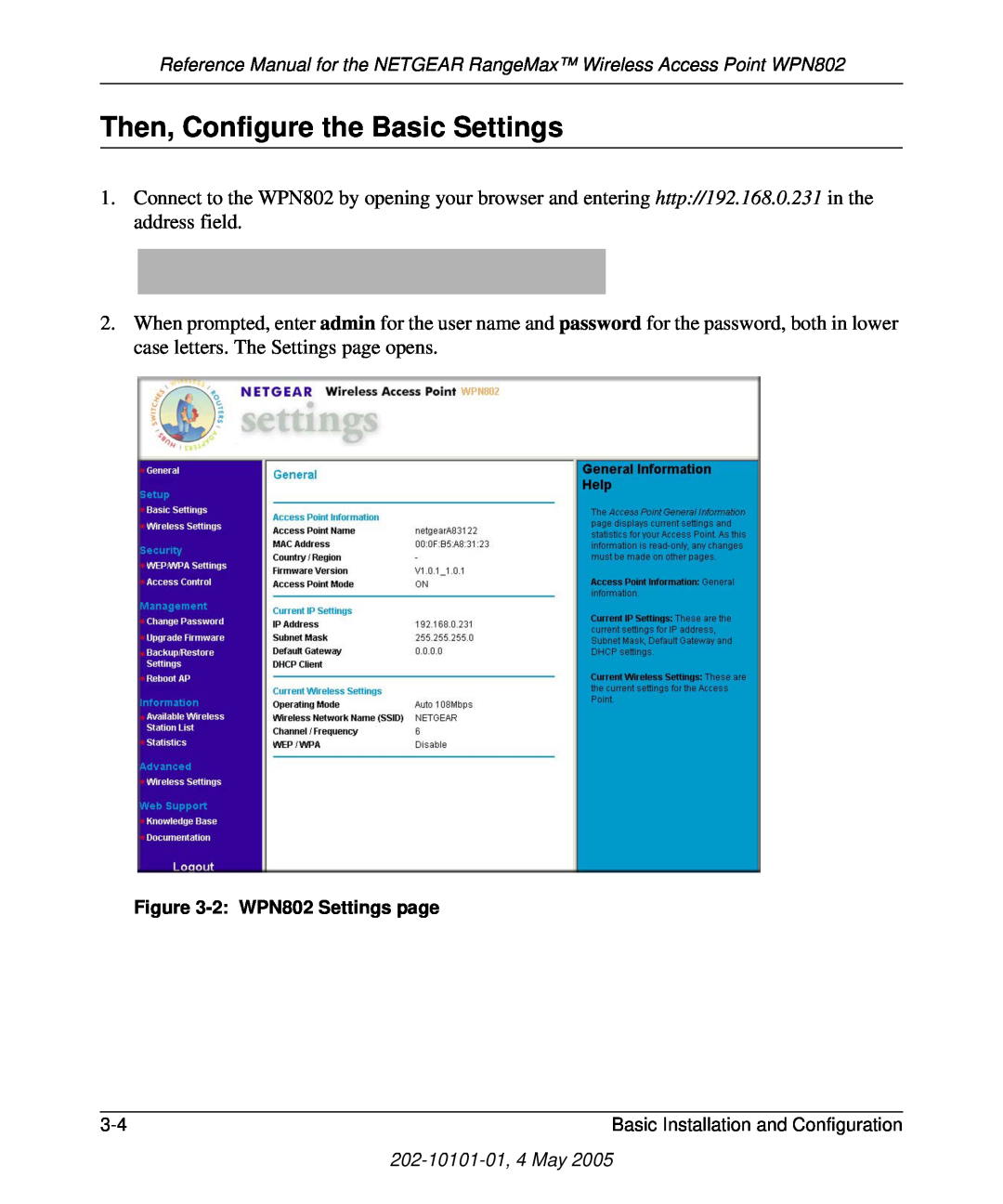 NETGEAR manual Then, Configure the Basic Settings, 2 WPN802 Settings page 