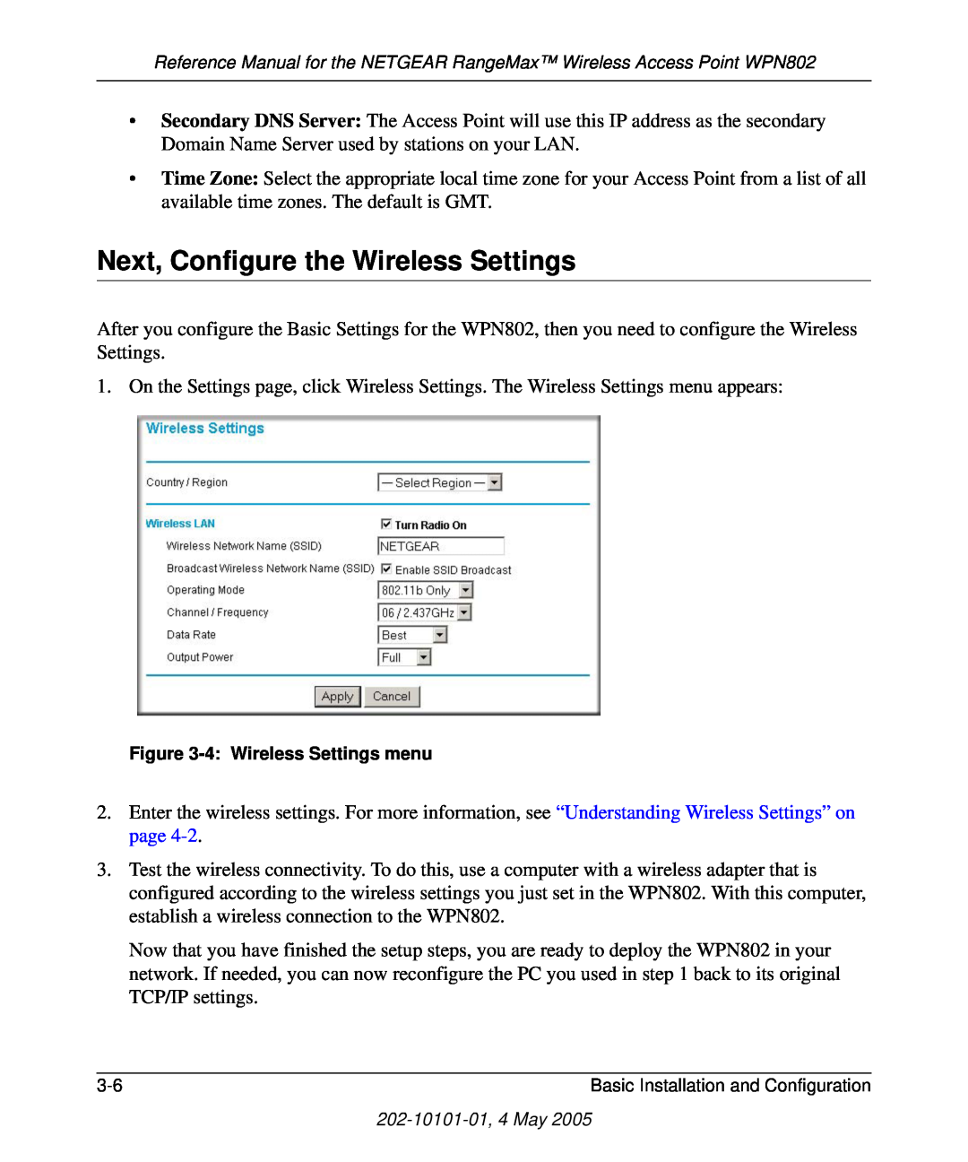 NETGEAR WPN802 manual Next, Configure the Wireless Settings, 4 Wireless Settings menu 