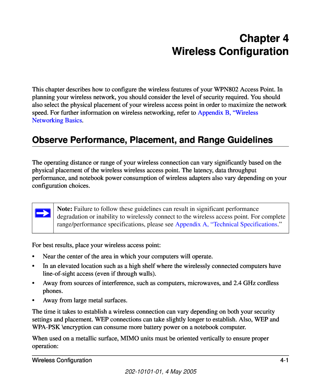 NETGEAR WPN802 manual Chapter Wireless Configuration, Observe Performance, Placement, and Range Guidelines 